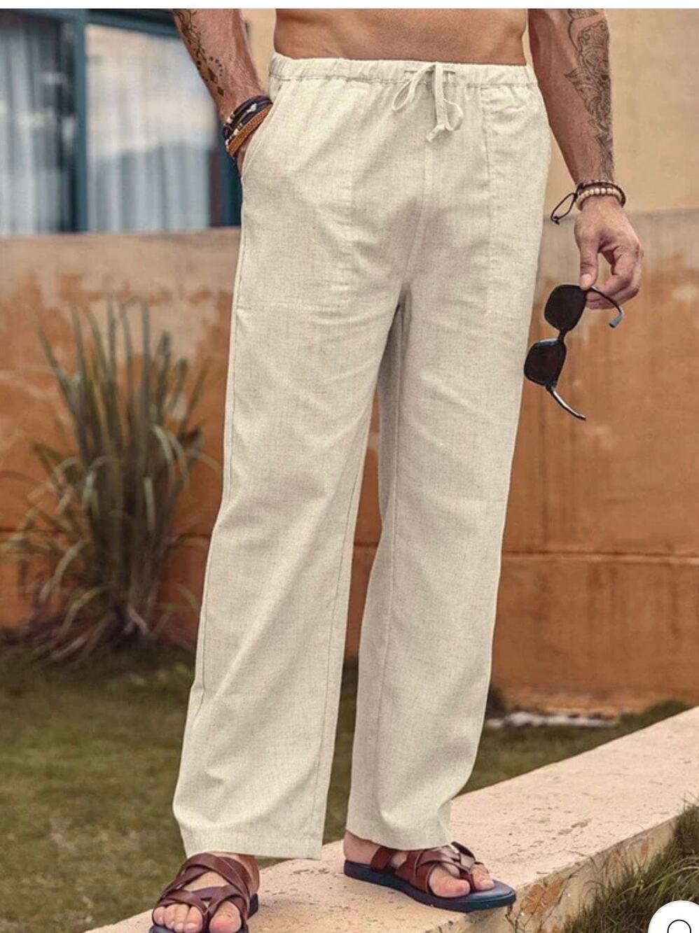 Coofandy Men Size L Beige Linen Blend Drawstring Elastic Waist Beach Pants Large